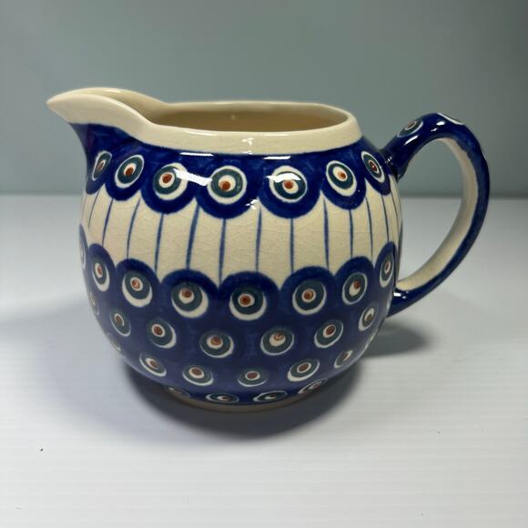 Boleslawiec Polish Pottery Blue Peacock Pitcher 36 Oz Blue Dot Swirl - Picture 2 of 9